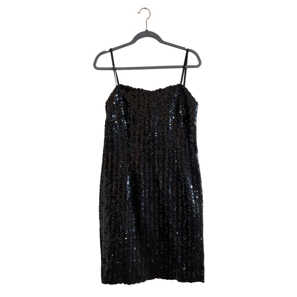 Vintage Black Sequin Mini Dress | 90s Spaghetti Strap Party Dress | Bodycon Glam
